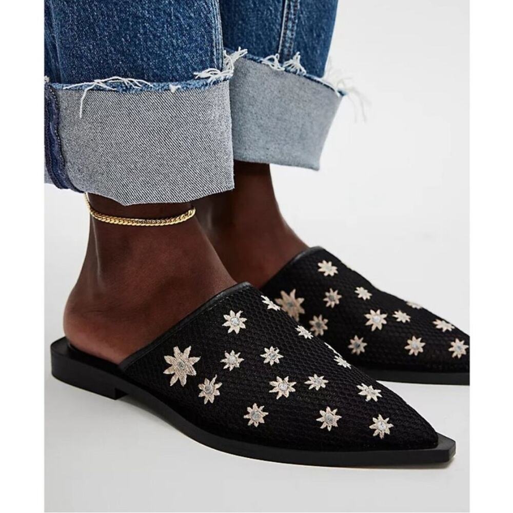 Free People Becky Daisy Embroidered Mules in Black 9